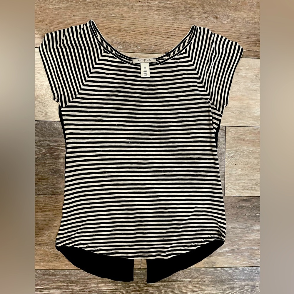 Black & White Striped White House Black Market Top With Sheer Tail, Size XS